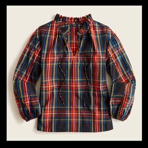 J Crew Stewart Tartan Plaid Tie Neck Scalloped Top NWT